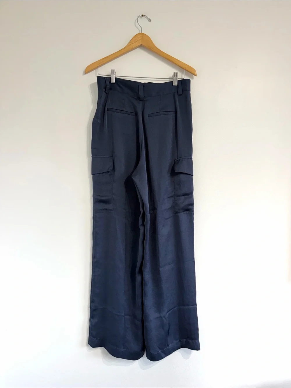 Ba&sh Cary Wide-Leg Navy Cargo Dress Pants slinky fabric